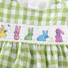 Load image into Gallery viewer, Green Gingham Rabbit Smocked Baby Romper
