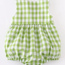 Load image into Gallery viewer, Green Gingham Rabbit Smocked Baby Romper
