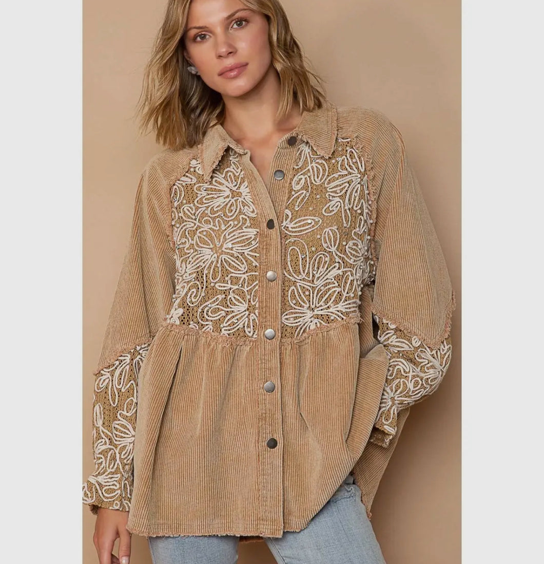 Embroidered Corduroy Babydoll Top