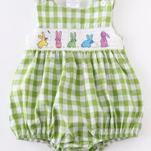 Load image into Gallery viewer, Green Gingham Rabbit Smocked Baby Romper
