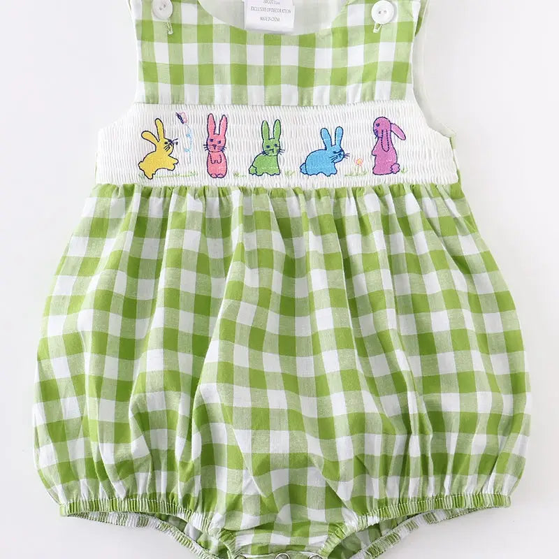Green Gingham Rabbit Smocked Baby Romper