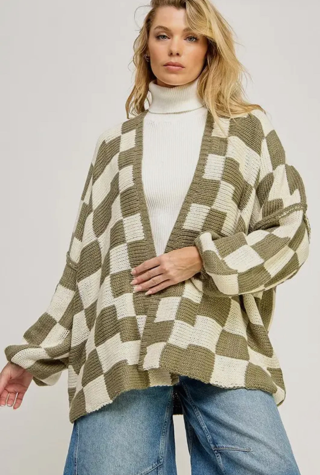 Checkered Drop Shoulder Cardi