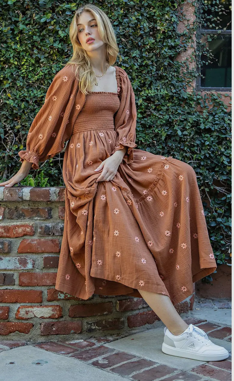 Camel Embroidered Dress