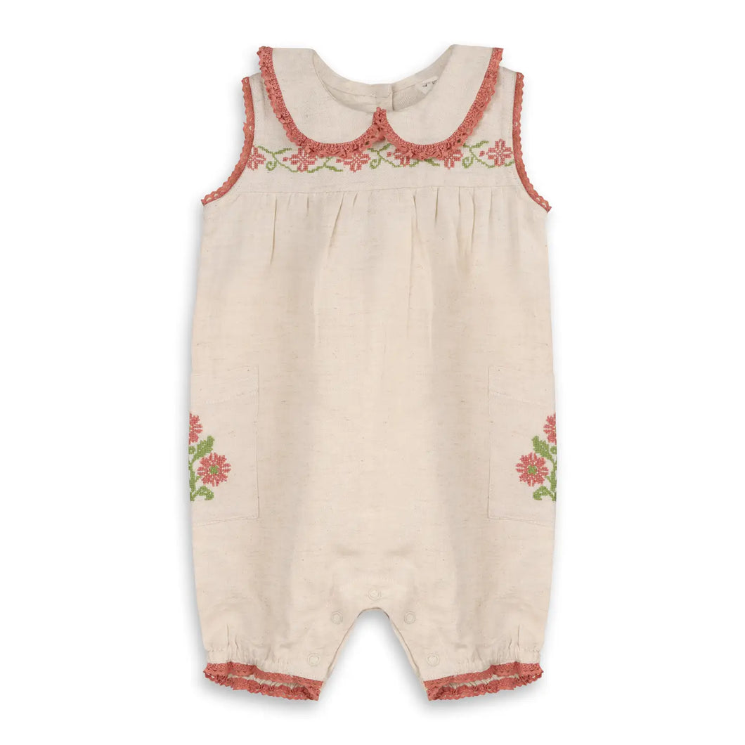 Organic Poppy Embroidered Linen Romper