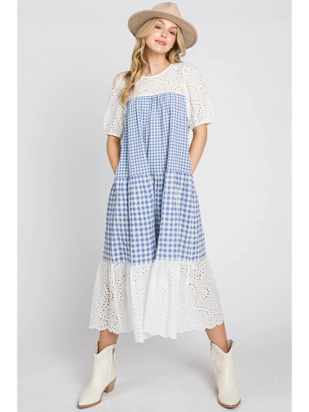 Gingham Eyelet Midi Dress